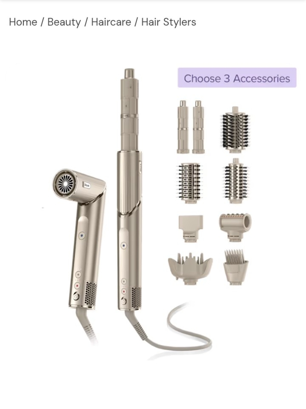 Gold Multi-Function Women's Hair Styler with 3 Interchangeable Accessories